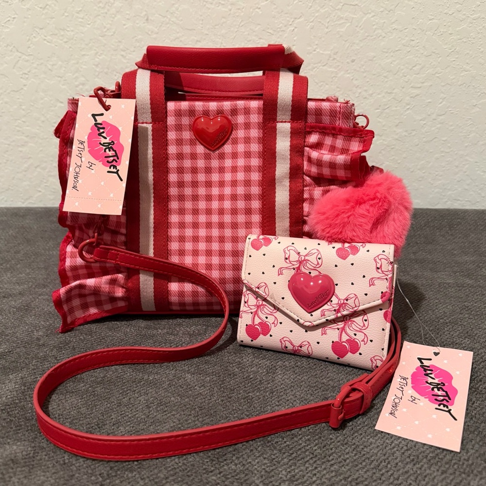 Luv Betsey by Betsey Johnson pink gingham ruffle tote and a matching wallet NWT